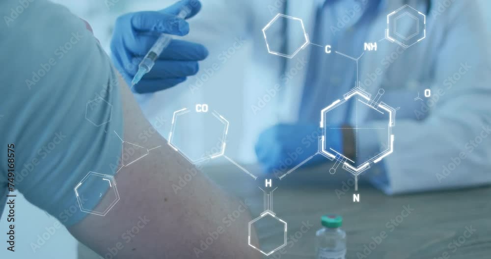 Animation of chemical formula over caucasian male doctor with patient taking vaccine