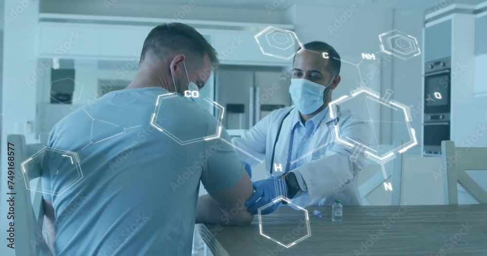 Animation of chemical formula over biracial male doctor with patient taking vaccine Animation of chemical formula over biracial male doctor with patient taking vaccine