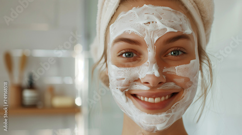 A satisfied woman applied a face mask and is waiting for the result in the bathroom at home. The girl smiles and uses daily multi-step facial skin care photo
