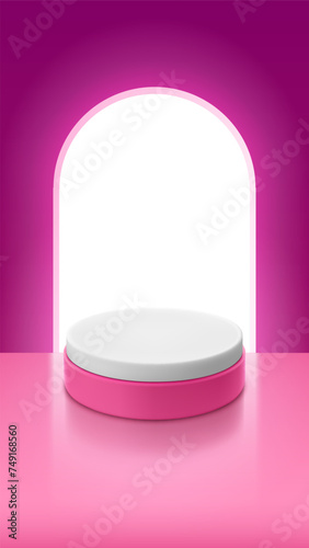 Cylindrical platform for product or product presentation against a pink wall with an arch-shaped window. Vector realistic banner template. Vertical minimalistic 3d illustration. 