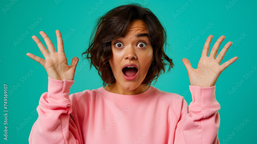 A woman with a surprised expression raises her hands in a dramatic gesture, wearing a pink sweater against an aqua background. A woman with a surprised expression raises her hands in a dramatic gesture, wearing a pink sweater against an aqua background.