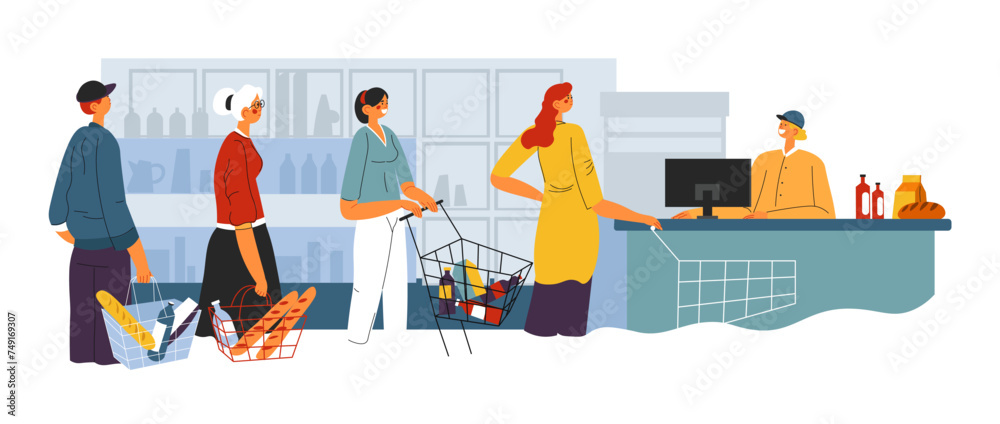 Obraz premium People standing in line in supermarket vector