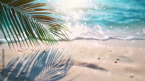 palm leaf shadow on abstract white sand beach background, sun lights on water surface, beautiful abstract background concept banner for summer vacation at the beach © INK ART BACKGROUND
