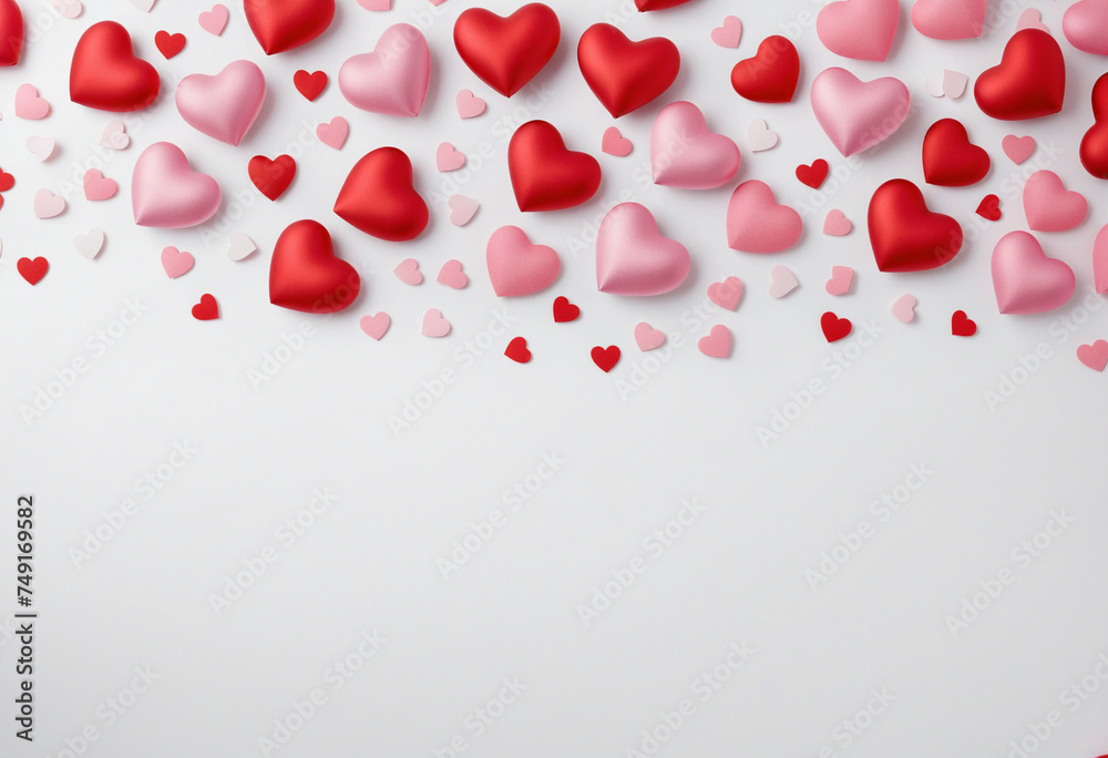 Valentine's day background with red and pink hearts isolated on white background, flat lay, top view