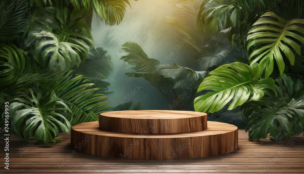 Natural Beauty: 3D Rendered Wood Podium Mockup Enriched with Tropical Leaves