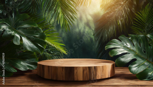 Tropical Oasis  Wood Podium 3D Rendering Embellished with Exotic Leaf Elements