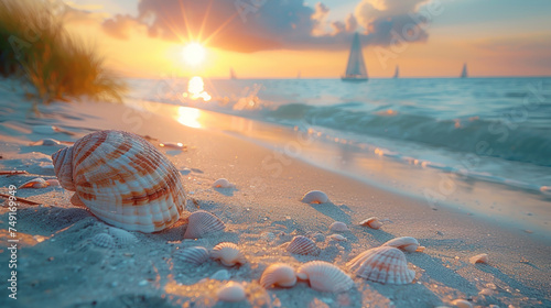 Seashell on sunset beach abstract background. Generative ai.