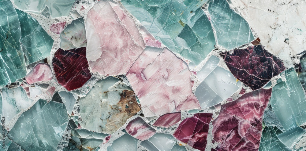Obraz premium A detailed view of a wall constructed entirely of shattered glass pieces, creating a jagged and reflective surface.