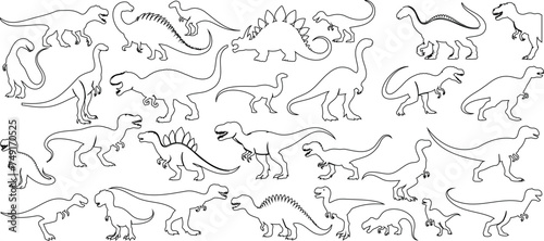 Dinosaur line art collection, various species outlines, educational, dinosaur coloring books, paleontology enthusiasts, prehistoric creatures, dinosaurs vector illustration photo