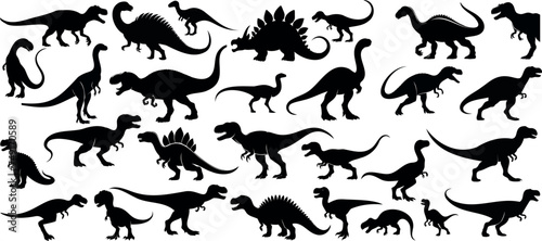 Dinosaur silhouette, prehistoric creatures of Jurassic era, dinosaur vector illustration, black dinosaur on white background, diverse species, iconic shapes © Arafat