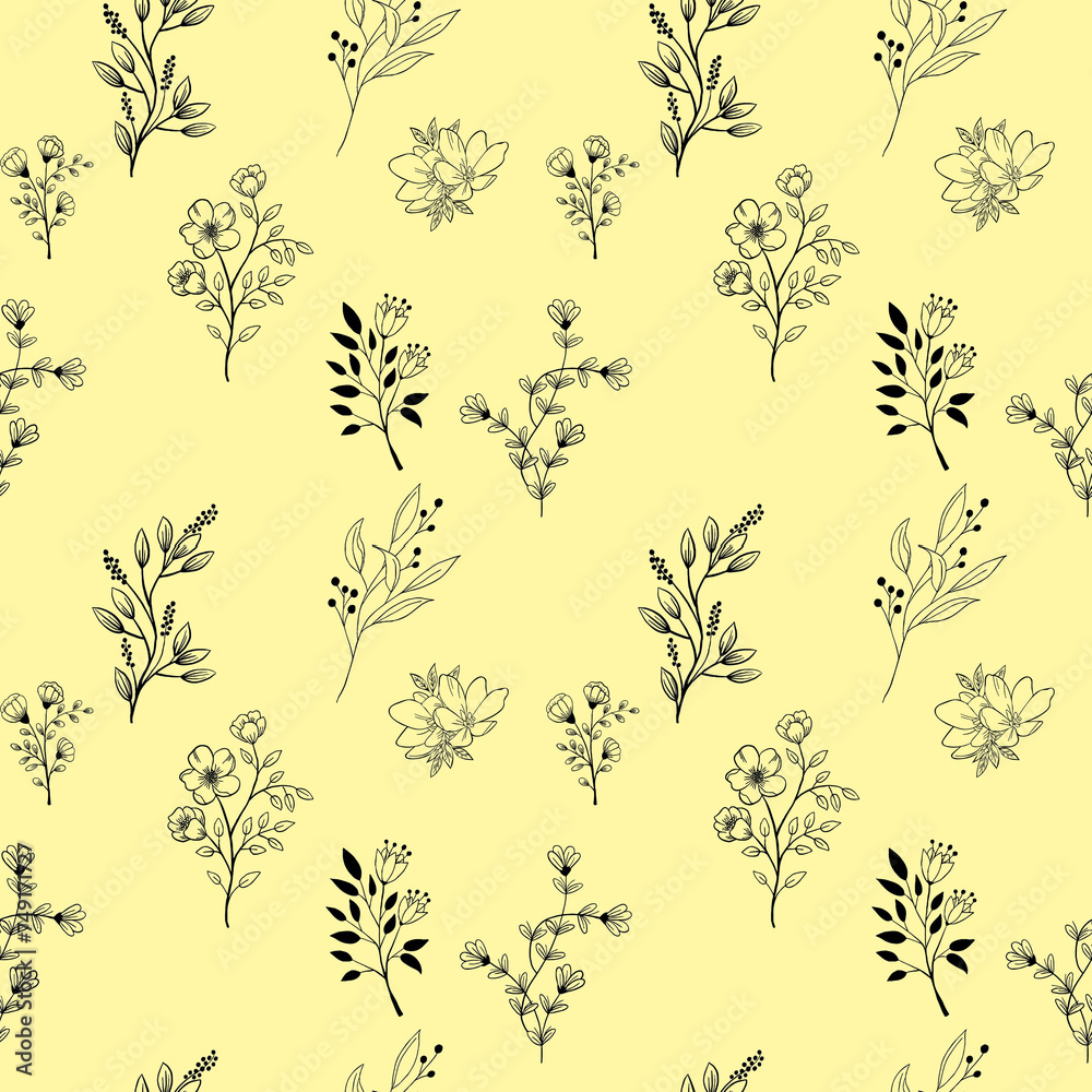 Seamless pattern of lines of leaves, trees and flowers.