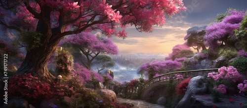 The painting depicts a lush forest with colorful flowers blooming all around. A bridge crosses over a gentle stream, adding a sense of movement and connection in the scene.