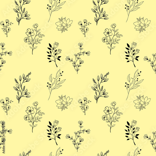 Seamless pattern of lines of leaves, trees and flowers.