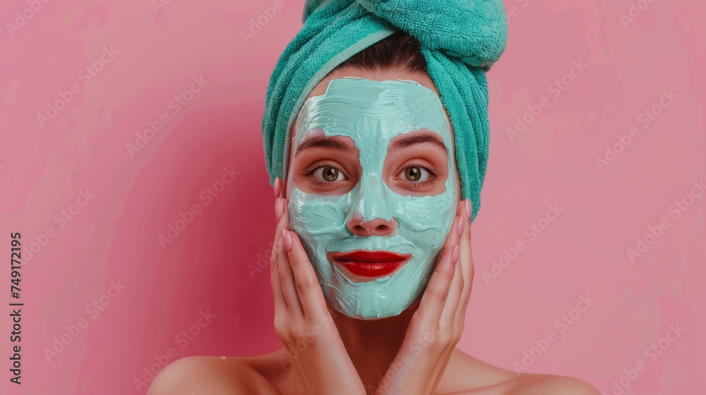 a woman with a turquoise towel wrapped around her hair applies a white facial mask, looking relaxed and content against a pink background. a woman with a turquoise towel wrapped around her hair applies a white facial mask, looking relaxed and content against a pink background.
