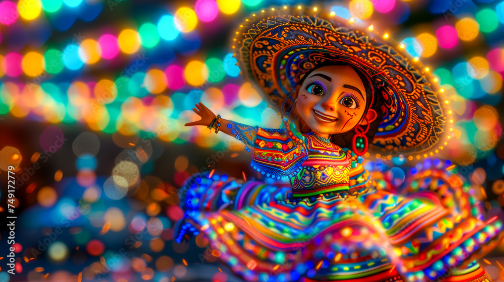 A Mexican folklore doll in a traditional costume dancing joyfully among festive, colorful bokeh lights.