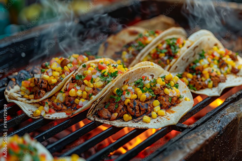 Delicious grilled tacos filled with seasoned meat and topped with fresh corn salsa, cooking over an open flame barbecue.