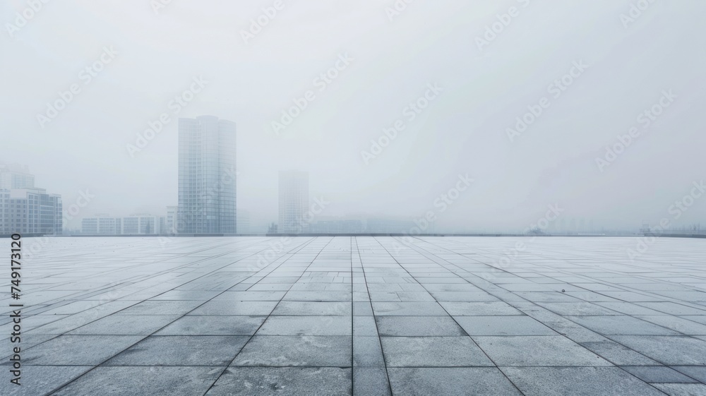 white empty asphalt square and city landscape under a white cloudy and foggy sky. Ambient light