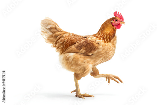 Running chicken hen on white background. Neural network generated image. Not based on any actual scene or pattern.