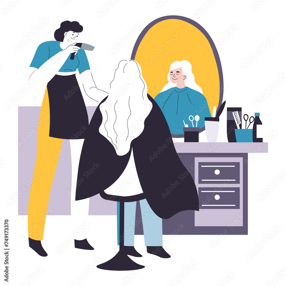 Hairdresser drying hair of client in chair vector