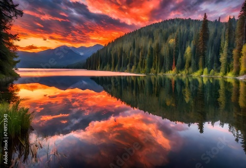 An image of a vibrant sunset over a serene lake, with colorful reflections shimmering on the water. AI-Generated