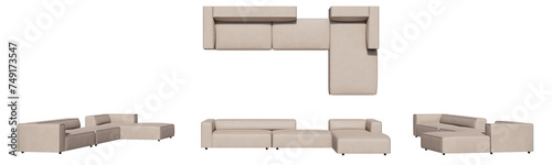 Block sofa L shape, living room, isometric sofa, sofa with pillows mockup, top view, font view, side view, isolated,perspective, rendering