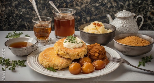 A Southern inspired breakfast feast featuring biscuits and gravy, crispy fried green tomatoes