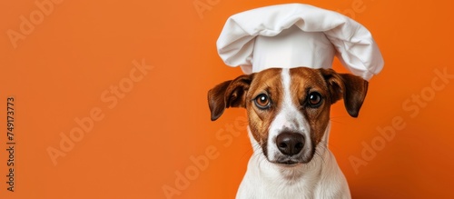 A brown and white dog is wearing a chefs hat on an orange background. The dog looks adorable and ready to cook up a storm in the kitchen.