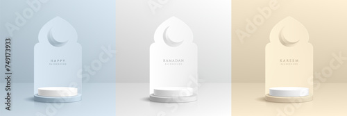 Set of Ramadan Kareem festival 3D podium pedestal background mosque shape in cream, white and blue color. Islamic greeting card template with Eid al Adha Mubarak for wallpaper, Poster, Media banner.