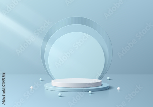 3D background realistic blue and white podium pedestal with round circles overlap backdrop scene. Platforms mockup product display presentation. Abstract composition in minimal design. Stage showcase.
