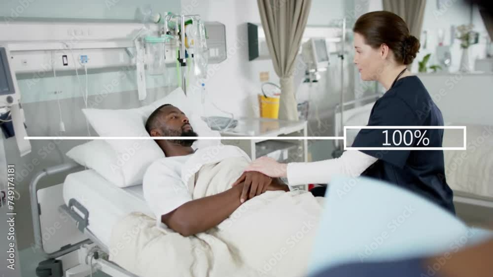 Animation of data processing over african american male patient and caucasian female doctor Animation of data processing over african american male patient and caucasian female doctor