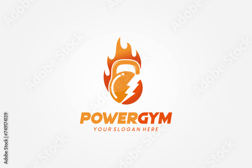 Fiery kettlebell gym strength logo and thunder symbol. Fitness and bodybuilding club logo