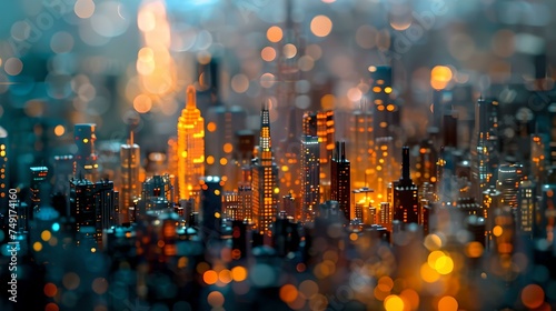Vibrant miniature scale model cityscape with warm glowing lights at night. perfect for wallpaper and background use. AI