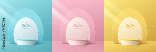 Set of 3D happy easter day background. Yellow, blue, pink and white podium with oval egg shape backdrop scene. Pastel minimal abstract room. Mockup product display. Geometric platforms. Stage showcase
