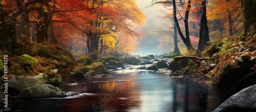 A stream flows swiftly through a dense, green forest during the autumn season. The vibrant foliage surrounds the water, creating a peaceful and harmonious natural scene.