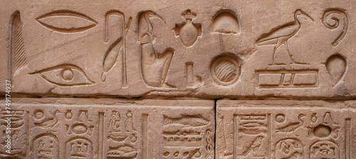 Ancient egyptian carvings and hieroglyphs at the temple of Horus in Edfu, Aswan, Egypt 