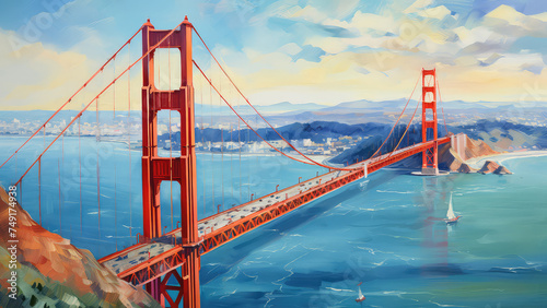 oil painting on canvas, Golden Gate bridge, San Francisco California. USA. photo