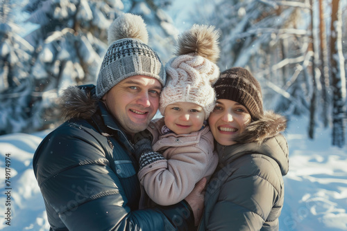 Portrait of happy family in warm clothing in winter park outdoors © Kien