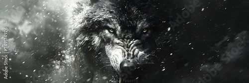 A black wolf with white teeth and a black background,
A greyscale close-up shot of an angry wolf with a d
 photo
