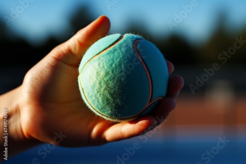 partial view of sportive young woman holding tennis racket and ball while playing on blue background