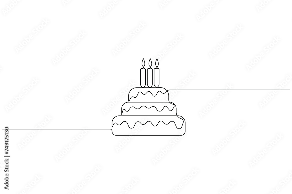 Continuous one line art drawing of birthday cake with cream, candle birthday party symbol of celebration