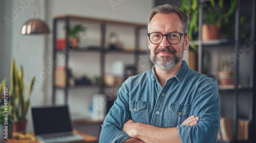 A poised man with glasses, wearing a casual denim shirt, gives a gentle, confident smile in a naturally lit office space.