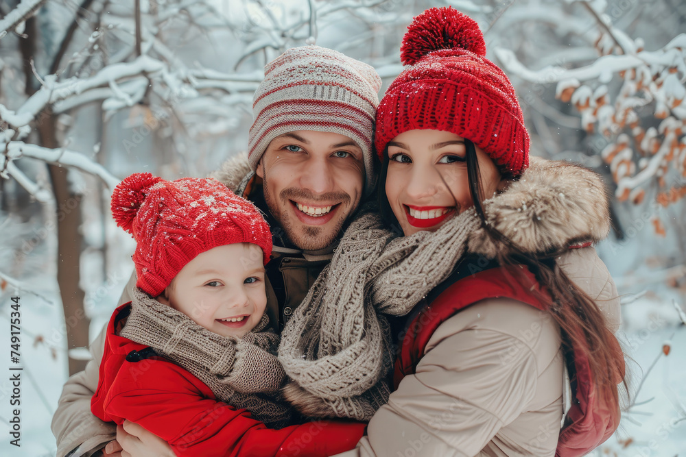 Portrait of happy family in warm clothing in winter park outdoors