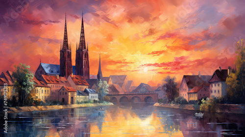 oil painting on canvas, Ulm Minster or Ulmer Munster Cathedral aerial panoramic view, a Lutheran church located in Ulm, Germany. It is currently the tallest church in the world. photo