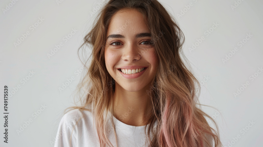 A cheerful individual with a bright smile and trendy hairstyle is wearing a casual white t-shirt against a light background. A cheerful individual with a bright smile and trendy hairstyle is wearing a casual white t-shirt against a light background.