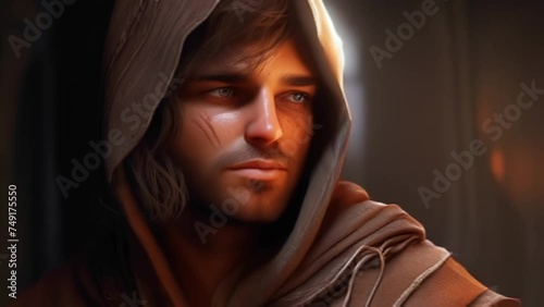 Medieval man in cloak and hood, assassin, mercenary, fantasy character, night, Generative AI, photo