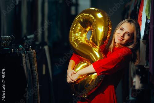 Happy Woman Celebrating 8th of March in a Fashion Store. Lady enjoying international women’s day shopping for presents 
