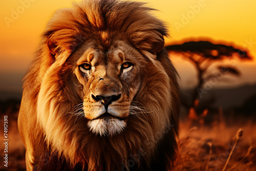 Lion portrait on savanna. Mount Kilimanjaro at sunset