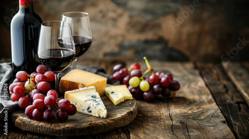 Red wine with bunches of cheese and grapes on vintage wooden table