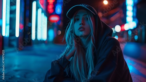 Stylish young woman in urban night setting with neon lights. fashionable, modern, and cool. perfect for youth culture representation. AI