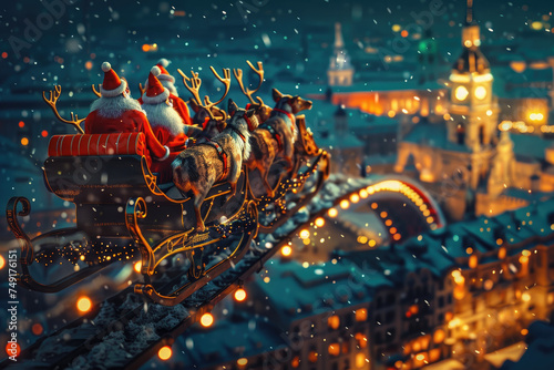 Santa Claus is delivering kids presents on reindeers